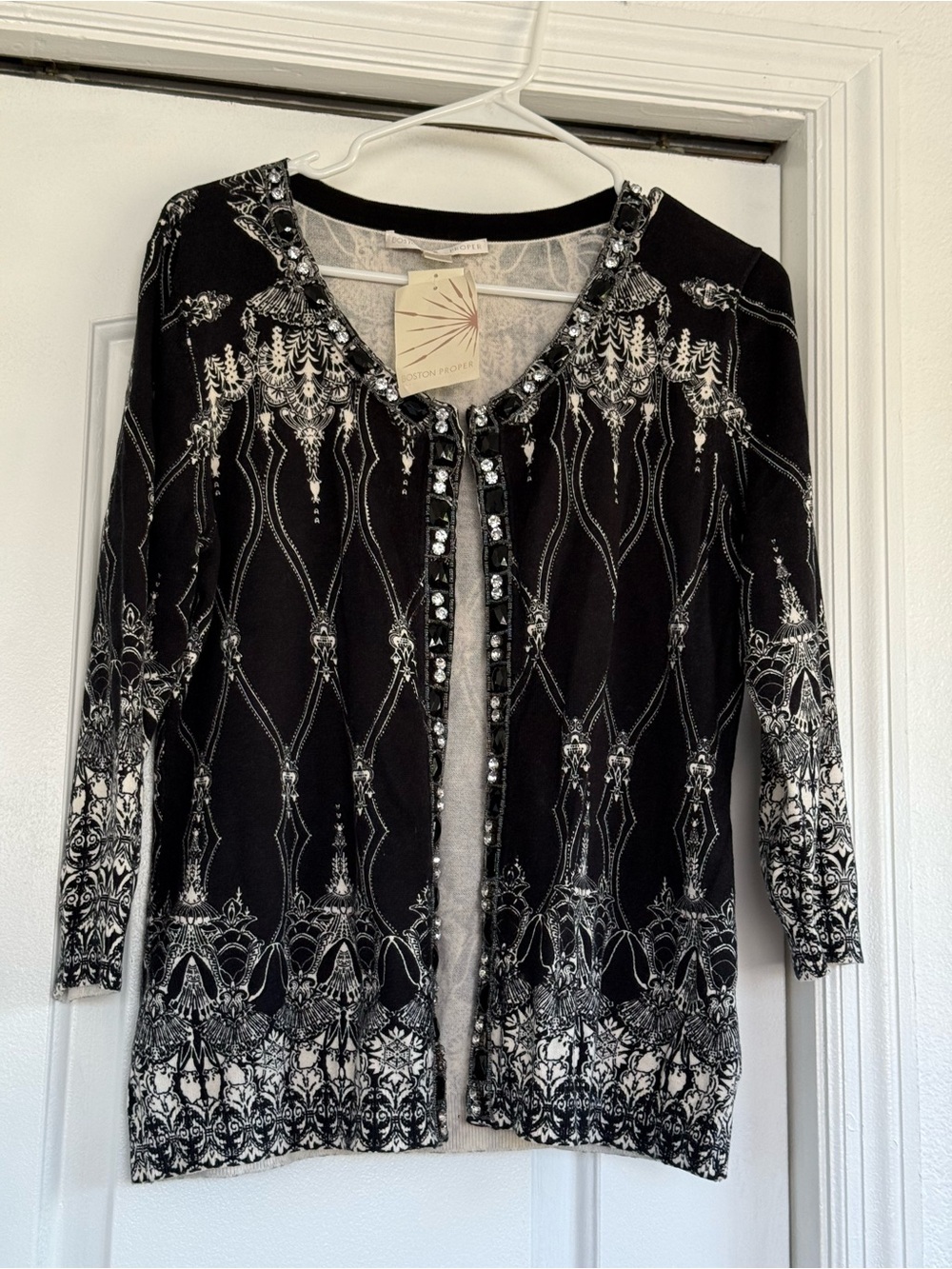 Boston Proper Black & White Embellished Cardigan